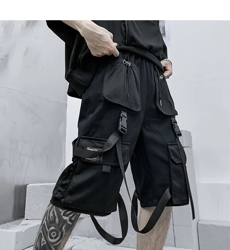 Men summer ribbons hip hop cargo shorts casual streetwear shorts mens harajuku punk short pants bermuda homme