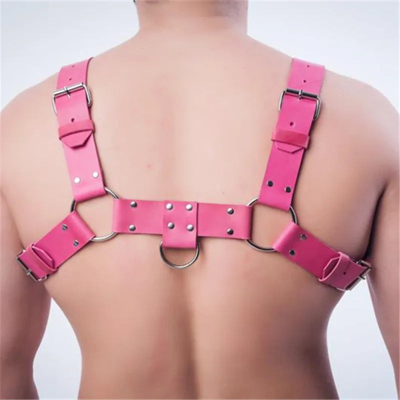 BDSM Gay Sexual Leather Harness Men Fetish Bulldog Body Bondage Cage Pink Chest Harness Belts Rave Gay Clothes Harness Lingerie