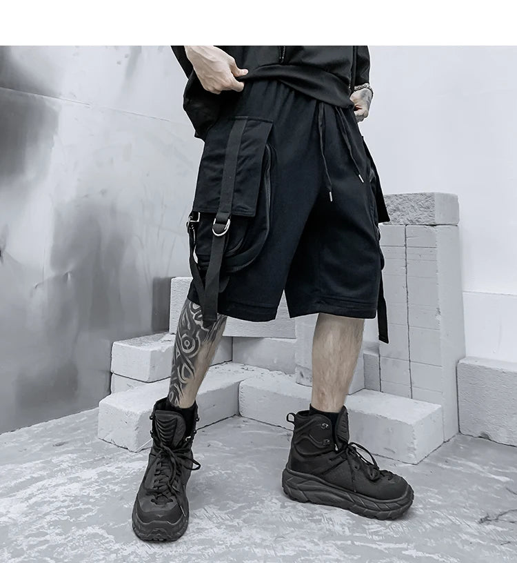 Men summer ribbons hip hop cargo shorts casual streetwear shorts mens harajuku punk short pants bermuda homme