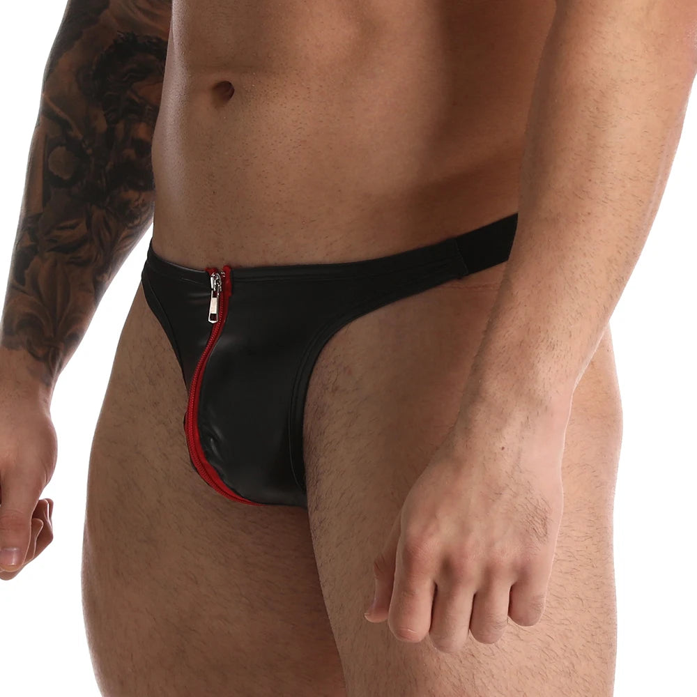 Men's Leather Underwear Men Zipper Male Underpants