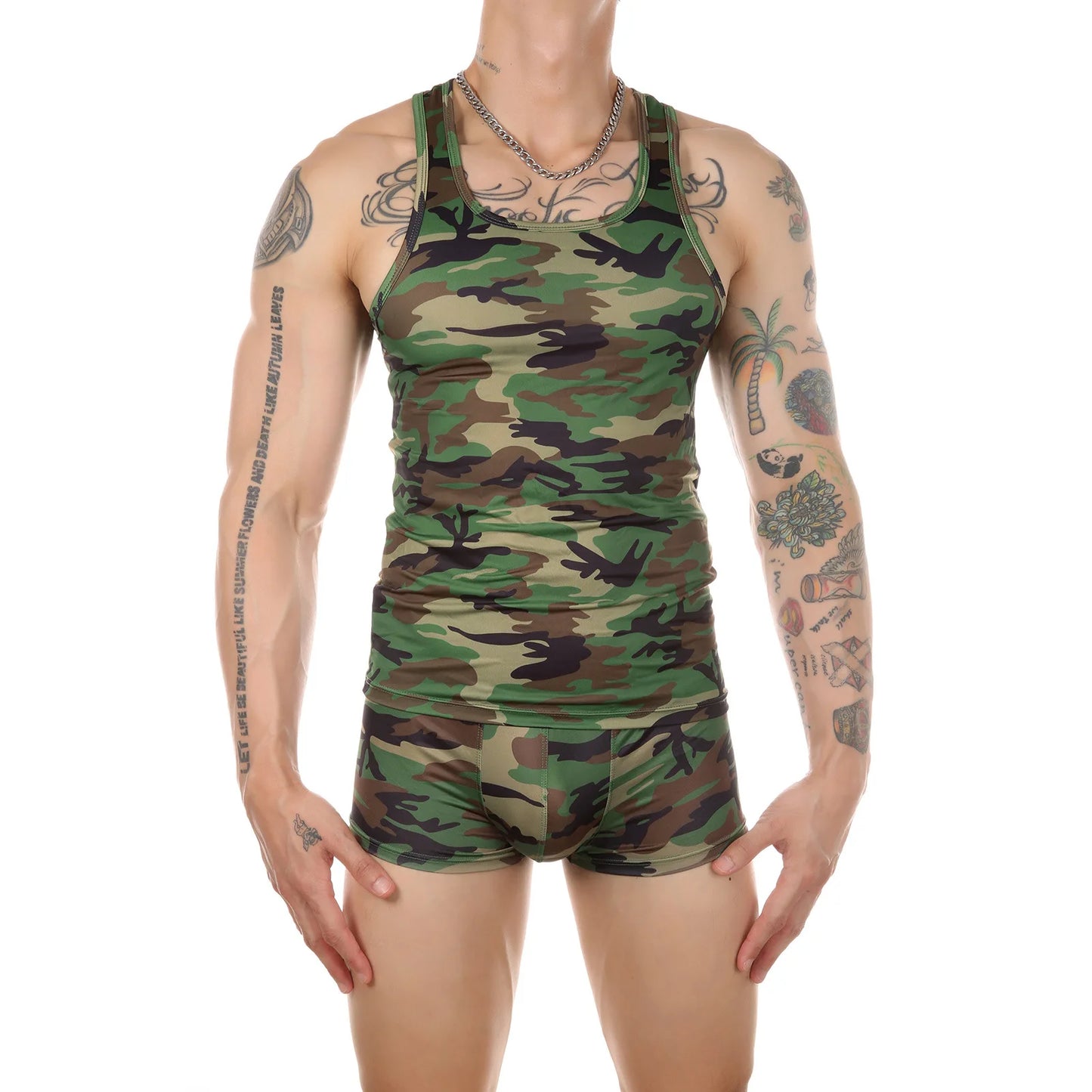 Men's Sexy Fitness Shirt Underwear Body-Shaping Camouflage L-shaped Vest Boyshort Combination Men's Panties Boxer Men's Clothing