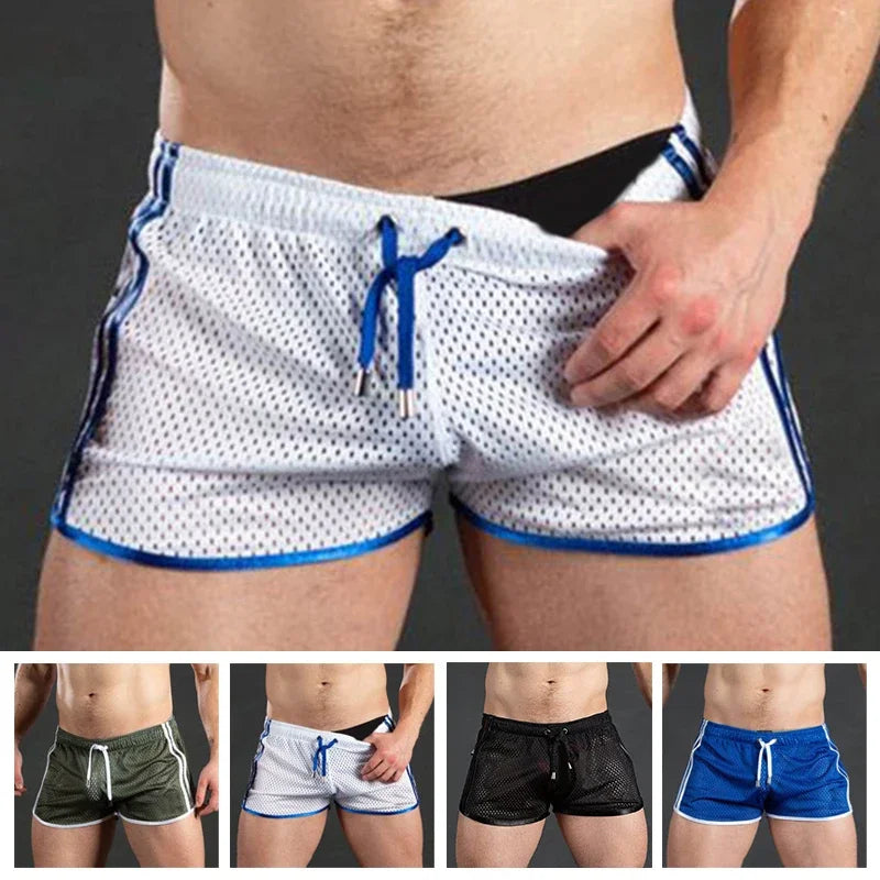 Men Casual Gym Fitness Training Shorts Sexy Mesh Breathable Quick Dry Fashion Sports Beach Trunks Men Clothing Summer