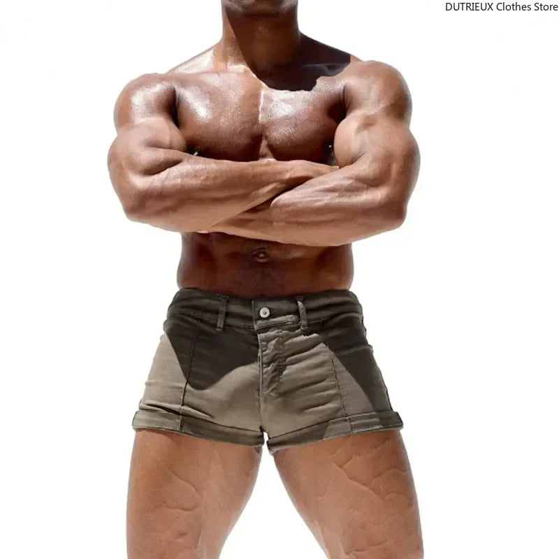 Men's Tight Short Shorts Zipper Stretch Slim Men's Shorts Sports Casual Jeans Summer Shorts Gym and Fitness Training Trousers