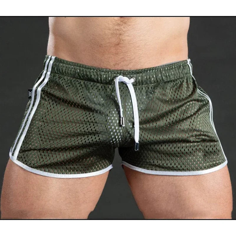 Men Casual Gym Fitness Training Shorts Sexy Mesh Breathable Quick Dry Fashion Sports Beach Trunks Men Clothing Summer
