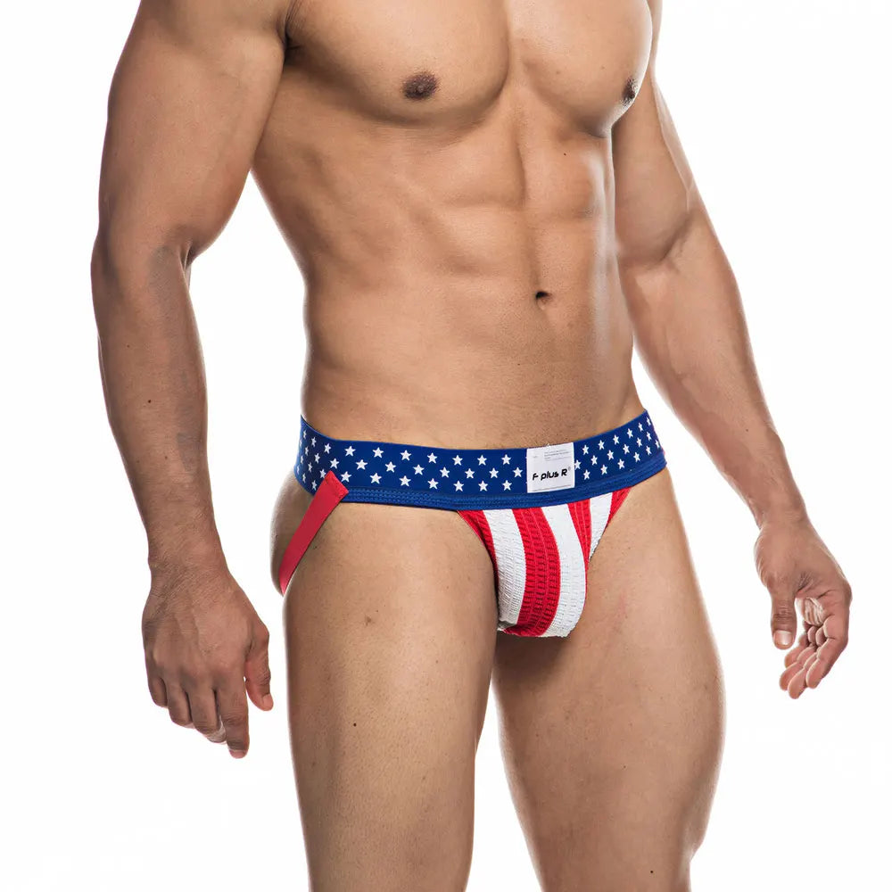 Men's Jockstrap Athletic Supporters Underwear, Sexy USA Flag Gym Workout Breathable Performance Jock Strap G String Thong Gay