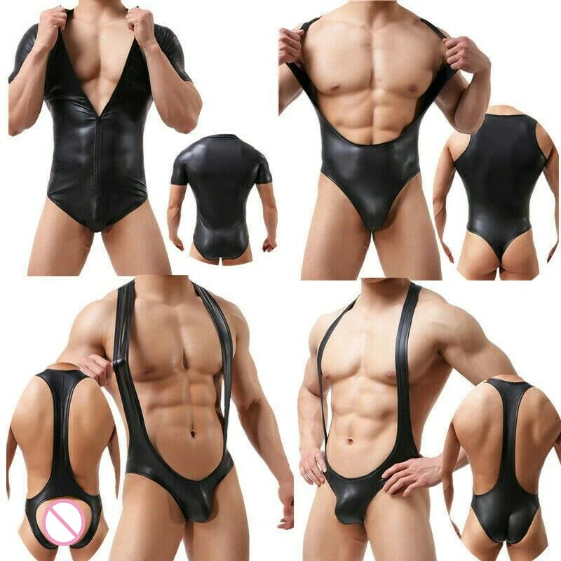Mens Bodysuit Sexy One-piece Jumpsuits PU Leather Catsuit Gay Jockstrap Leotard Boxer Briefs Thongs Underwear Wrestling Singlet