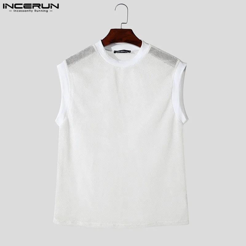 INCERUN Men's Tank Tops Mesh Transparent Summer O-neck Sleeveless Male Vests Streetwear 2024 Sexy Fashion Casual Men Clothing