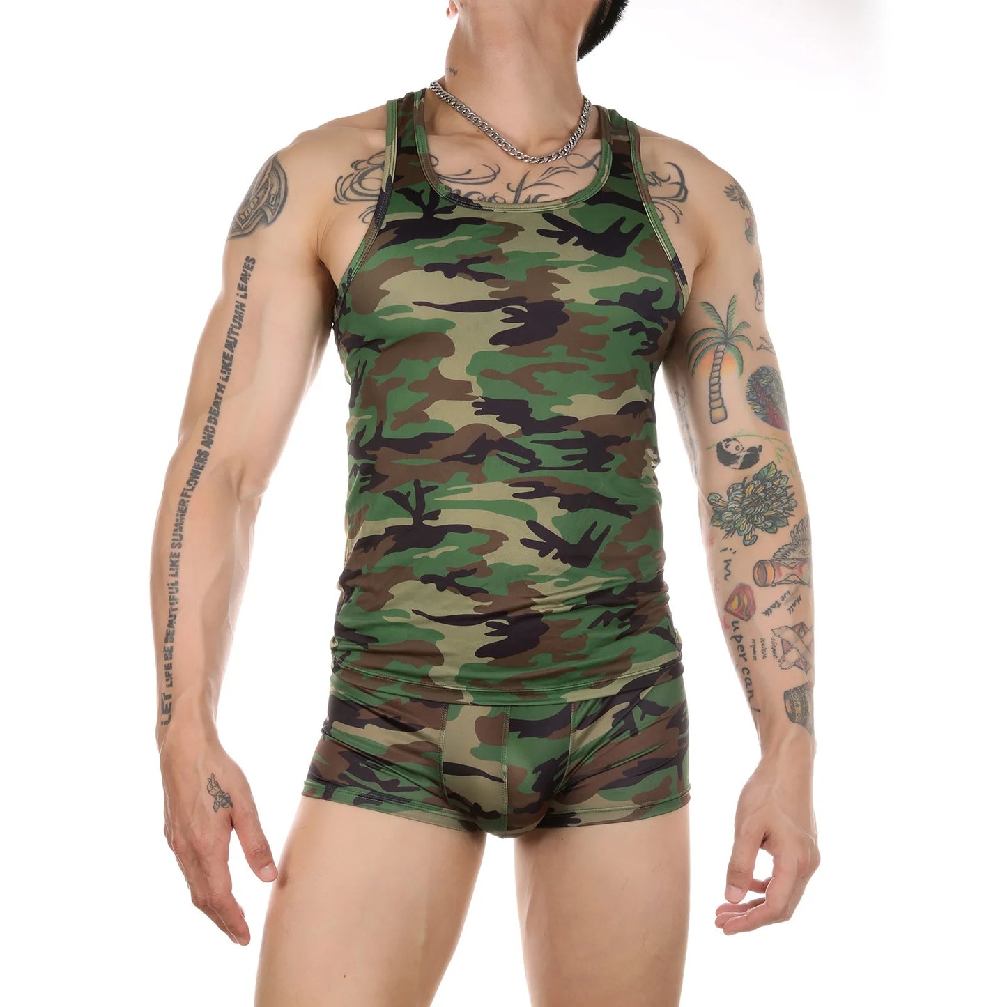 Men's Sexy Fitness Shirt Underwear Body-Shaping Camouflage L-shaped Vest Boyshort Combination Men's Panties Boxer Men's Clothing