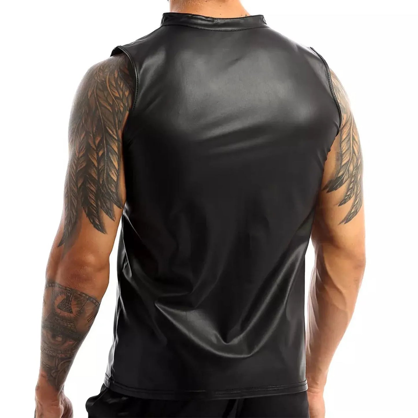 Men Hooded Tank Tops Wet Look Patent Leather Vest Male Sleeveless T-Shirt Zip Up Singlets Handsome Man Club Party Tee Tops