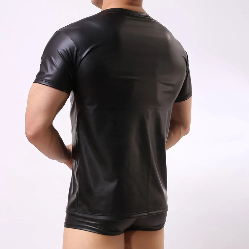 Men's Sexy Black PU Leather Stage Performance Round Neck Short Sleeve T-shirt Tops Tees T Shirts Clothing Male