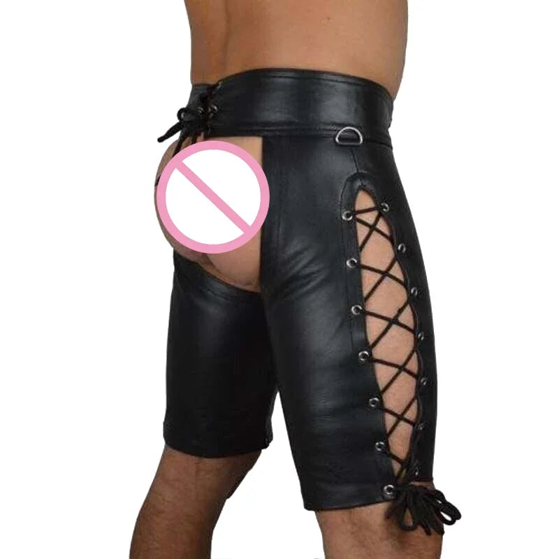 Mens Open Butt Faux Leather Boxer Shorts Nightclub Stage Skinny Fetish Shorts Men Sexy Gay PVC Leather Underwear Dance Clubwear