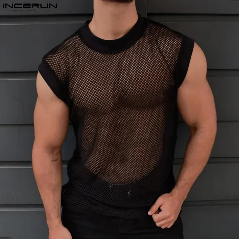INCERUN Men's Tank Tops Mesh Transparent Summer O-neck Sleeveless Male Vests Streetwear 2024 Sexy Fashion Casual Men Clothing