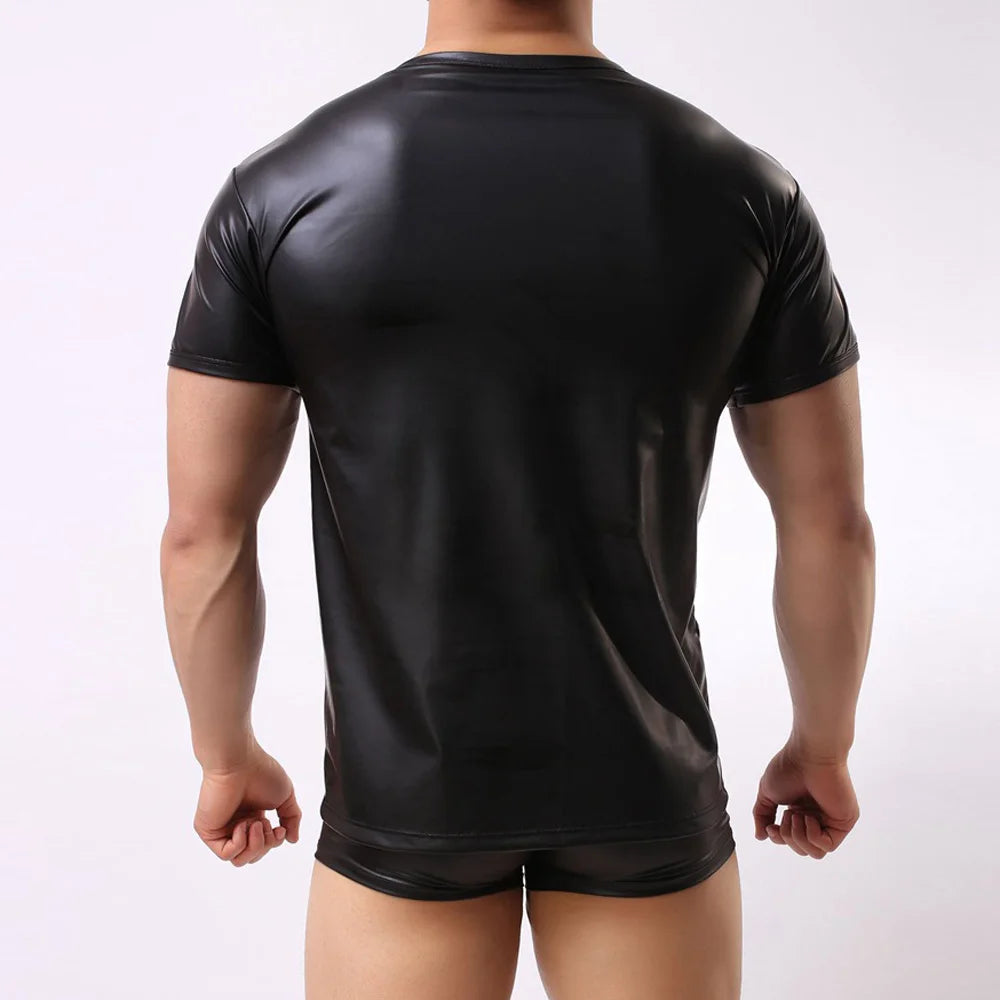 Men's Sexy Black PU Leather Stage Performance Round Neck Short Sleeve T-shirt Tops Tees T Shirts Clothing Male