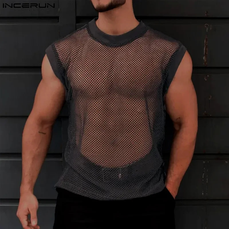 INCERUN Men's Tank Tops Mesh Transparent Summer O-neck Sleeveless Male Vests Streetwear 2024 Sexy Fashion Casual Men Clothing