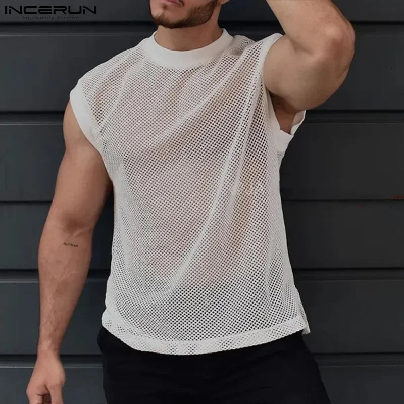INCERUN Men's Tank Tops Mesh Transparent Summer O-neck Sleeveless Male Vests Streetwear 2024 Sexy Fashion Casual Men Clothing