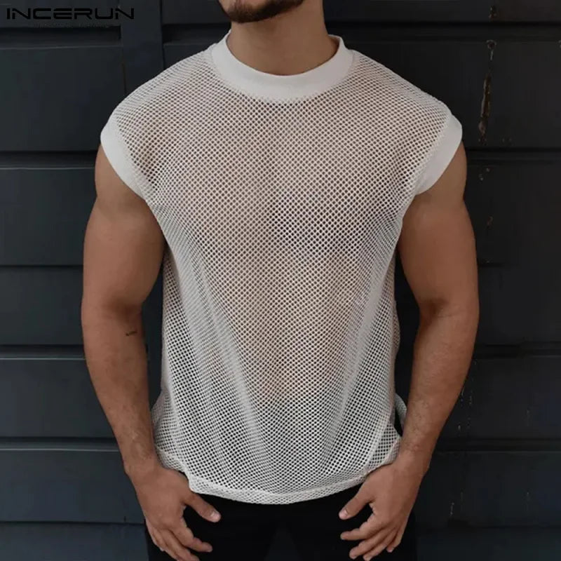 INCERUN Men's Tank Tops Mesh Transparent Summer O-neck Sleeveless Male Vests Streetwear 2024 Sexy Fashion Casual Men Clothing