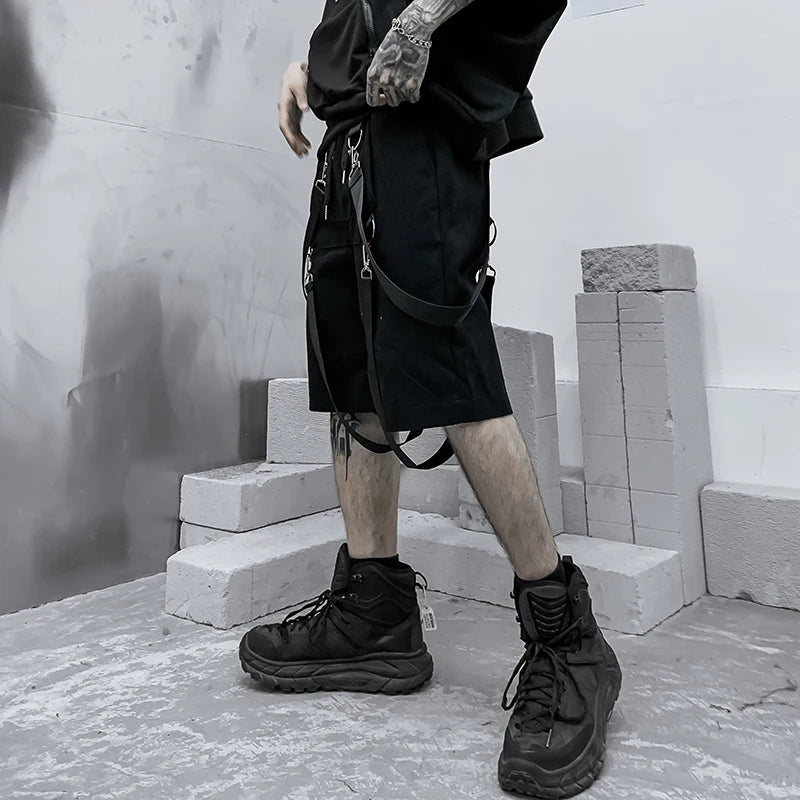 Men summer ribbons hip hop cargo shorts casual streetwear shorts mens harajuku punk short pants bermuda homme