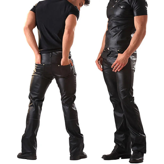 Sexy Men Faux Leather Night Club Erotic Tight Pants PVC Latex Men Shinny Motor Biker Gay Fetish Pole Dance Wetlook Long Trousers