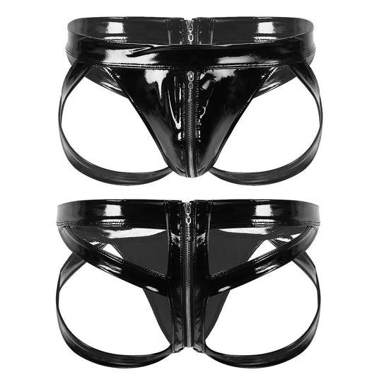 Sissy Men‘s Thong Shiny Patent Leather Panties Sexy Low Rise Bulge Pouch Jockstrap Gay Underwear Zipper Crotch Briefs Underpants