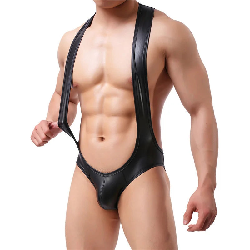 Mens Bodysuit Sexy One-piece Jumpsuits PU Leather Catsuit Gay Jockstrap Leotard Boxer Briefs Thongs Underwear Wrestling Singlet