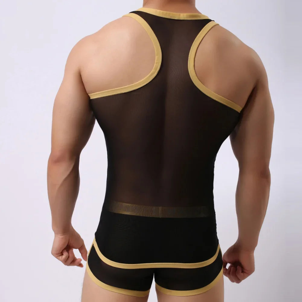 Sexy Men's Transparent Mesh Tank Tops Vests Ultra Thin Color Patchwork Underwear Bodybuilding Tanks Vest Clothing Male