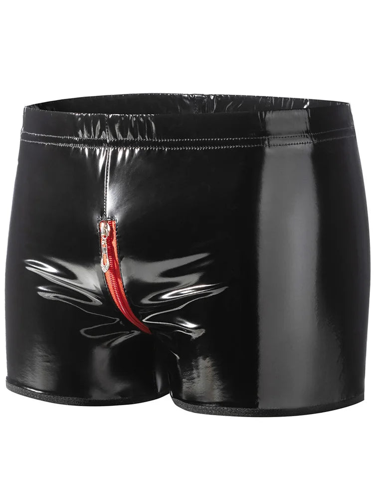 S-5XL Shiny Faux PU Leather Boxershorts Zipper Open Crotch Shorts Mens Boxer Briefs Tights Hot Sexy Trunks Calzoncillo Underwear