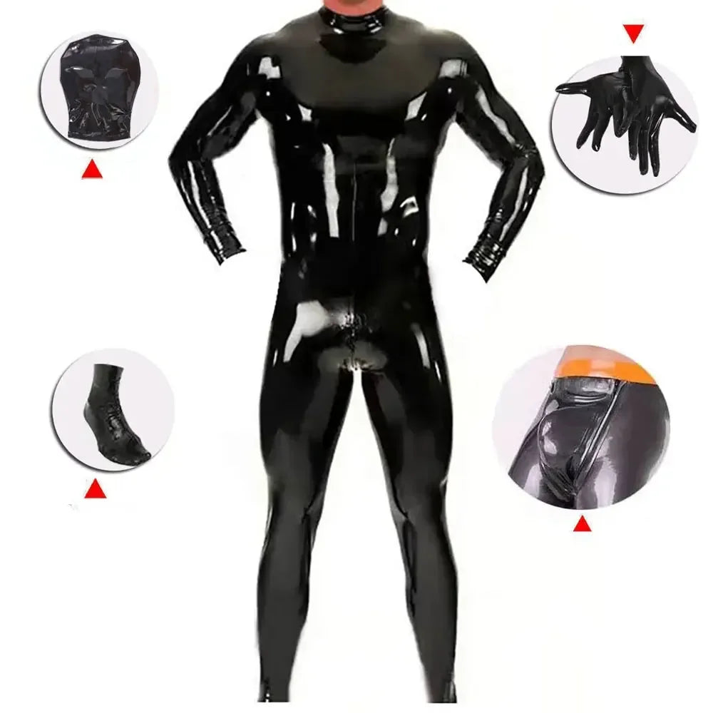 Sexy Men Faux Leather Catsuit PVC Latex Bodysuit Zipper Open Crotch Latex Jumpsuits Latex Erotic Bodysuit