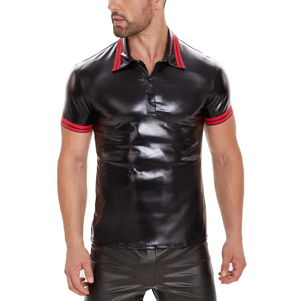 Mens Shiny Leather T-shirt Glossy Faux Leather Short Sleeve Tees Male Turn-down Neck Shaping Latex Casual Shirt Sexi