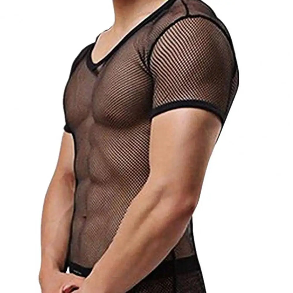 See Through Men T-shirt Sexy Mesh Breathable Male Top Solid Color Breathable Men Fishnet T-shirt Men's Clothing