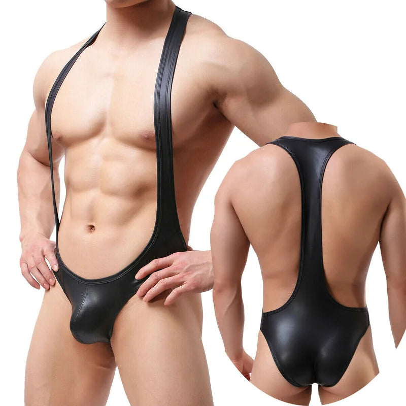 Mens Bodysuit Sexy One-piece Jumpsuits PU Leather Catsuit Gay Jockstrap Leotard Boxer Briefs Thongs Underwear Wrestling Singlet