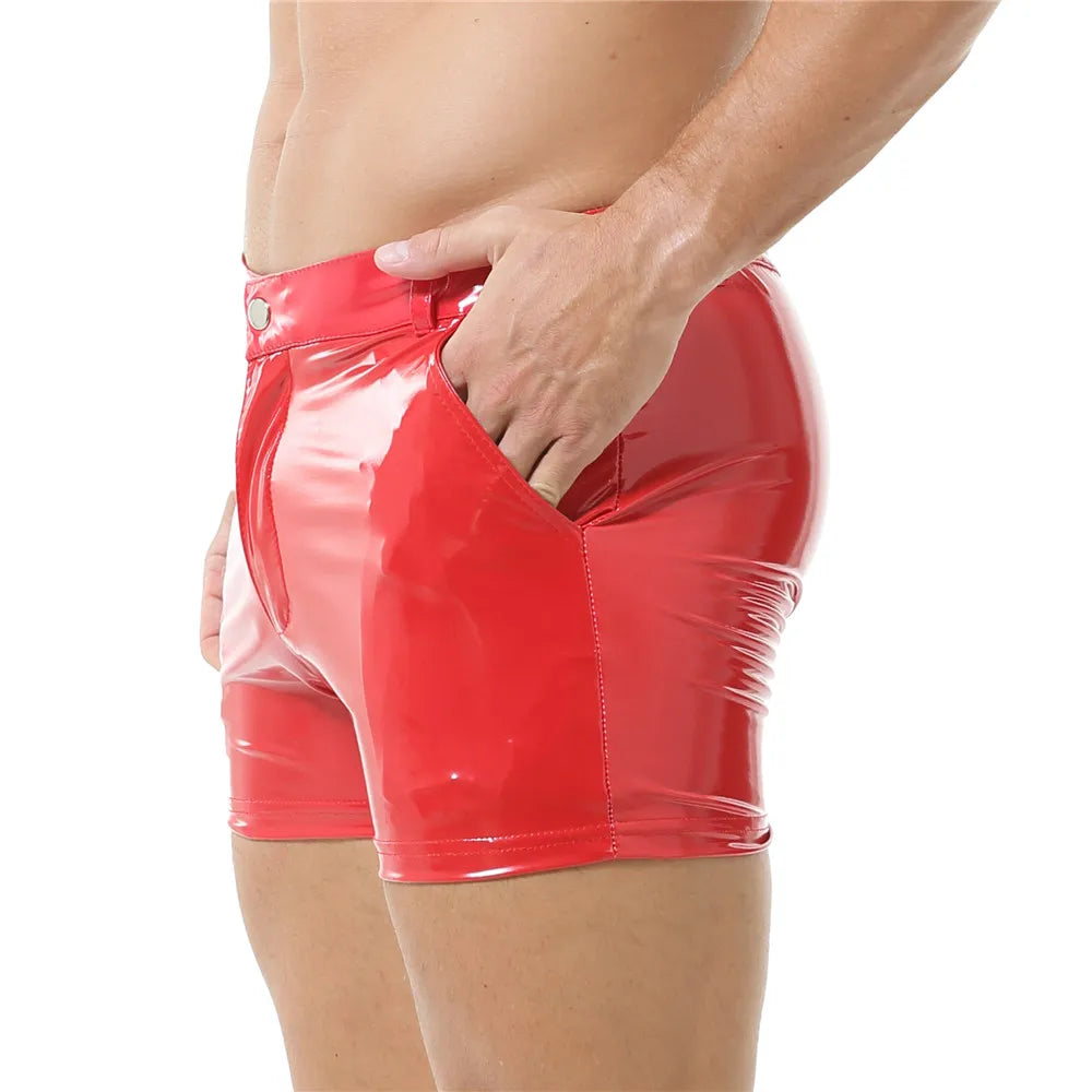 Men's Shiny PVC Leather Shorts Fashion Nightclub Latex Short Pants Zipper Men Sexy PU Leather Shorts with Pockets for Club Party
