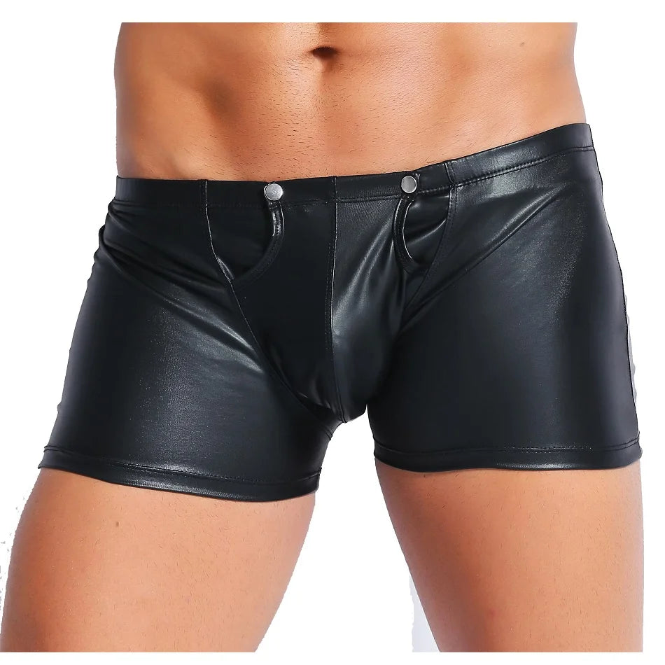 Patent Leather Tight Boxer Shorts Elastic Casual Breeches Rear Zip Turn On Hip Sexy Lingerie Zipper Open Crotch Skinny Hot Pants
