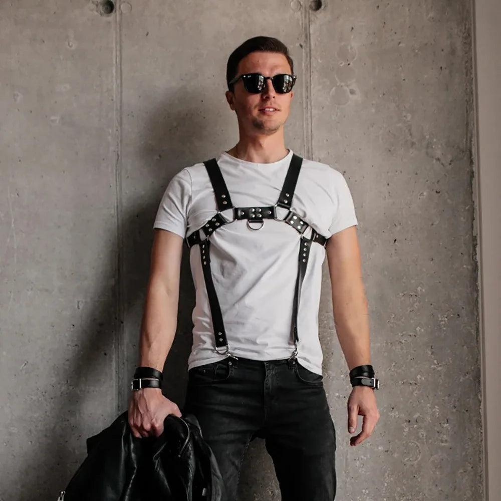 Men's Black Faux Leather Harness Fitness Men Pecs Bigger Muscle Harness Chest Belt Gogo Dancer Club Wear Adult Costumes