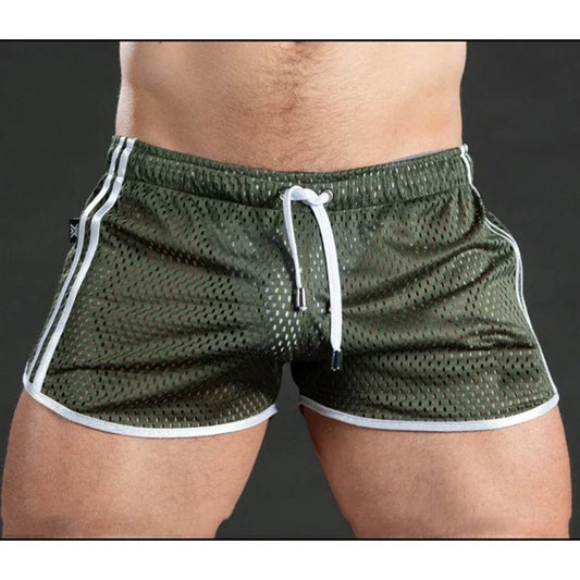 Men Casual Gym Fitness Training Shorts Sexy Mesh Breathable Quick Dry Fashion Sports Beach Trunks Men Clothing Summer