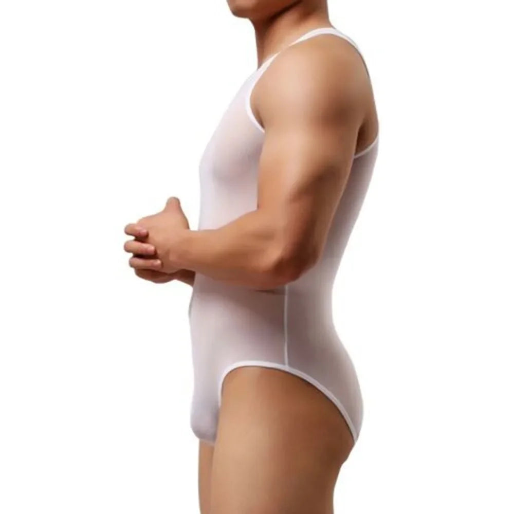 Sexy Men's Exotic Sheer Sleeveless Bodysuit Solid Color Jockstrap Bulge Pouch Underwear Sleepwear Nightwear Bodysuits Clothing