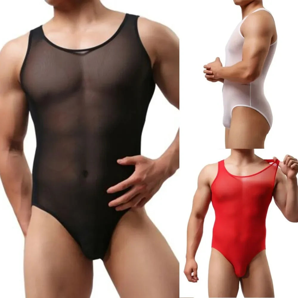 Sexy Men's Exotic Sheer Sleeveless Bodysuit Solid Color Jockstrap Bulge Pouch Underwear Sleepwear Nightwear Bodysuits Clothing