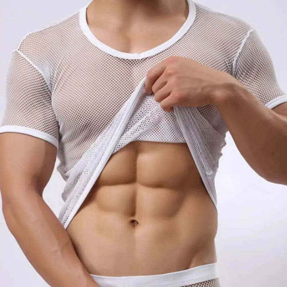See Through Men T-shirt Sexy Mesh Breathable Male Top Solid Color Breathable Men Fishnet T-shirt Men's Clothing