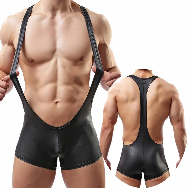 Sexy Mens Undershirts Black Bodysuit One-piece Jumpsuits Wrestling Singlet PU Leather Leotard Men Sexy Underwear Dance Clubwear