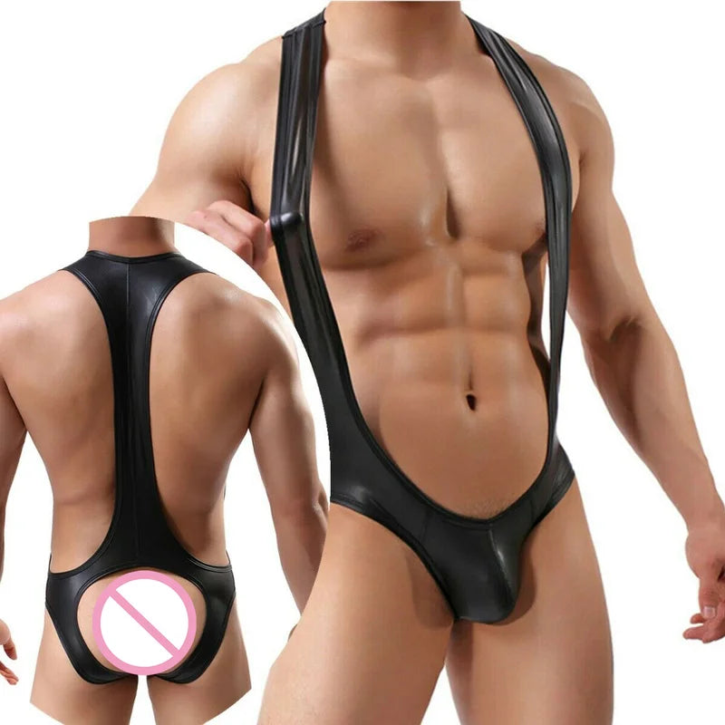 Mens Bodysuit Sexy One-piece Jumpsuits PU Leather Catsuit Gay Jockstrap Leotard Boxer Briefs Thongs Underwear Wrestling Singlet