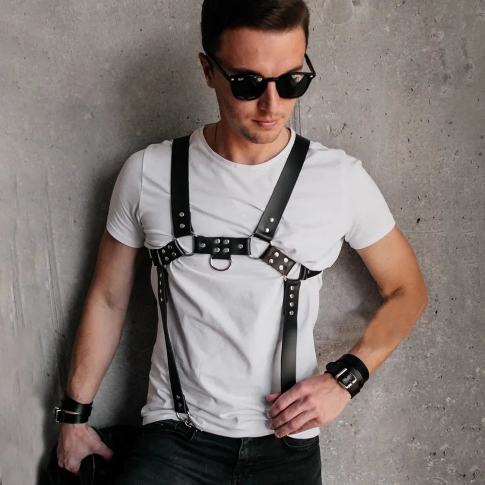 Men's Black Faux Leather Harness Fitness Men Pecs Bigger Muscle Harness Chest Belt Gogo Dancer Club Wear Adult Costumes
