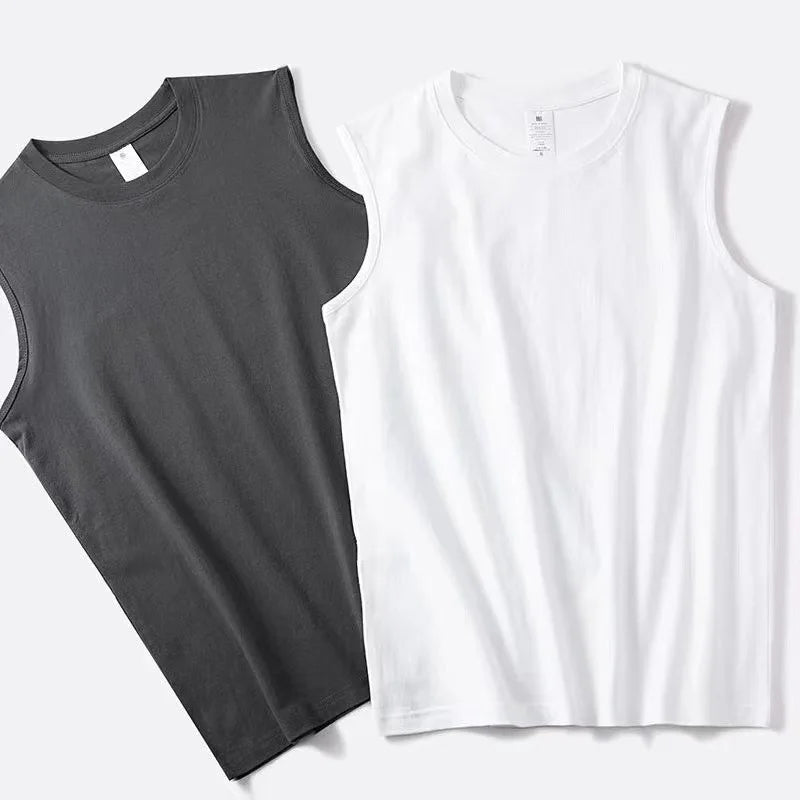 Summer 100% Cotton Men's Vest Casual Wide Shoulder O-Neck Sleeveless Tops Universal Solid Color Sports Fitness Loose Tank