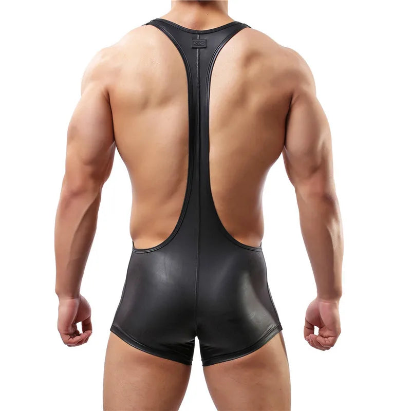 Sexy Mens Undershirts Black Bodysuit One-piece Jumpsuits Wrestling Singlet PU Leather Leotard Men Sexy Underwear Dance Clubwear