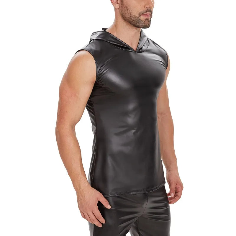 S-7XL Sexy Men's PU Faux Leather Summer Rock Punk Sleeveless Vest Solid Black Hooded Tee Shirt Vests Tanks Tee Tops Clothing