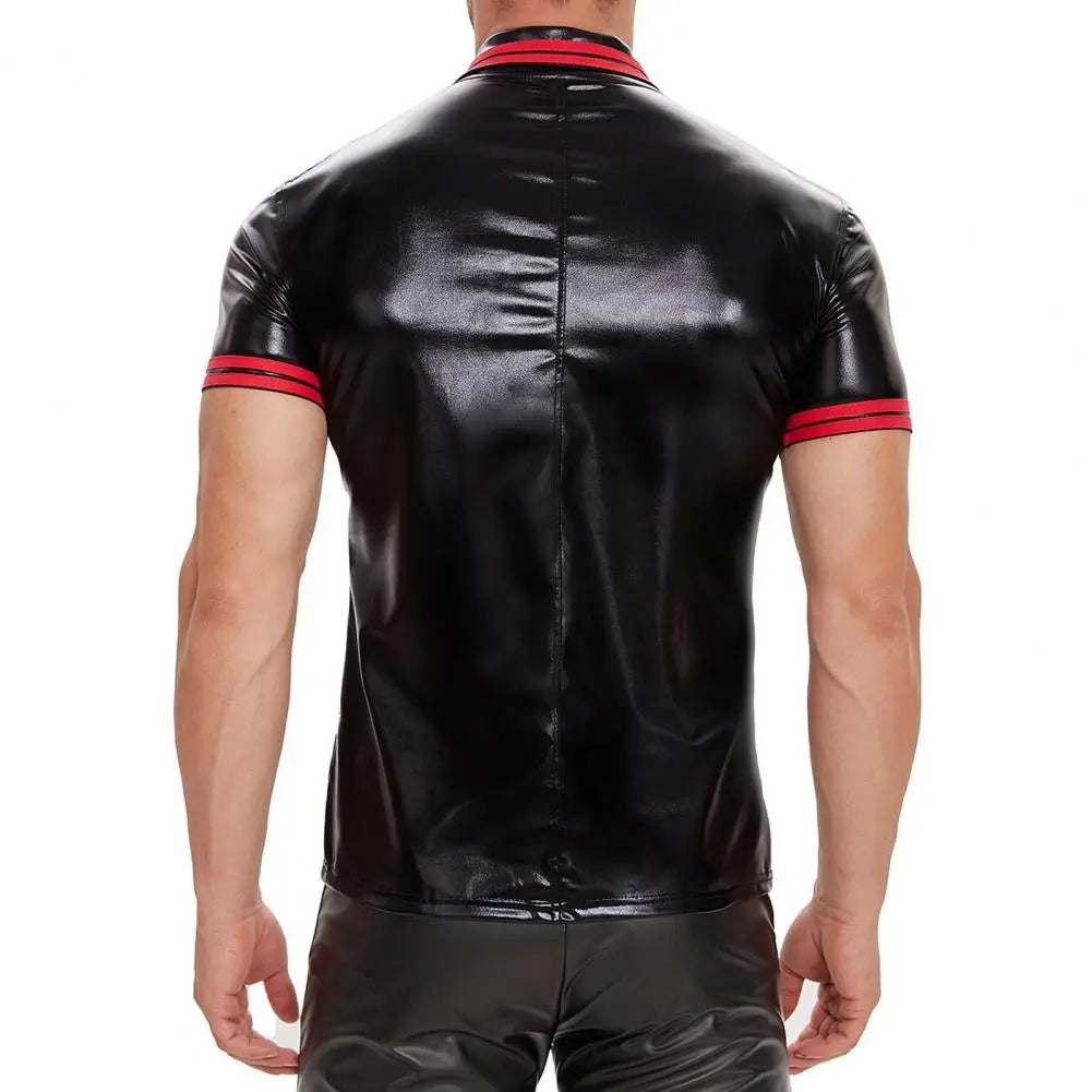 Mens Shiny Leather T-shirt Glossy Faux Leather Short Sleeve Tees Male Turn-down Neck Shaping Latex Casual Shirt Sexi