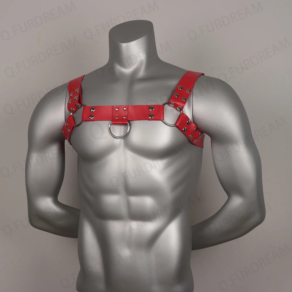 Red PU Leather Men Harness Fetish Wear for Gay Lingerie Fetish Gay Steampunk Corset Bust Suspenders Bondage Chest Harness Vegan