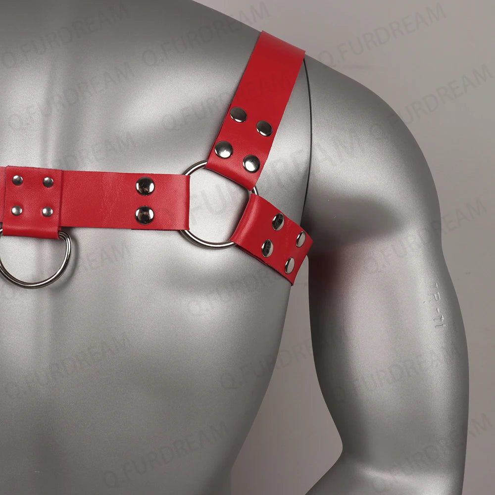 Red PU Leather Men Harness Fetish Wear for Gay Lingerie Fetish Gay Steampunk Corset Bust Suspenders Bondage Chest Harness Vegan