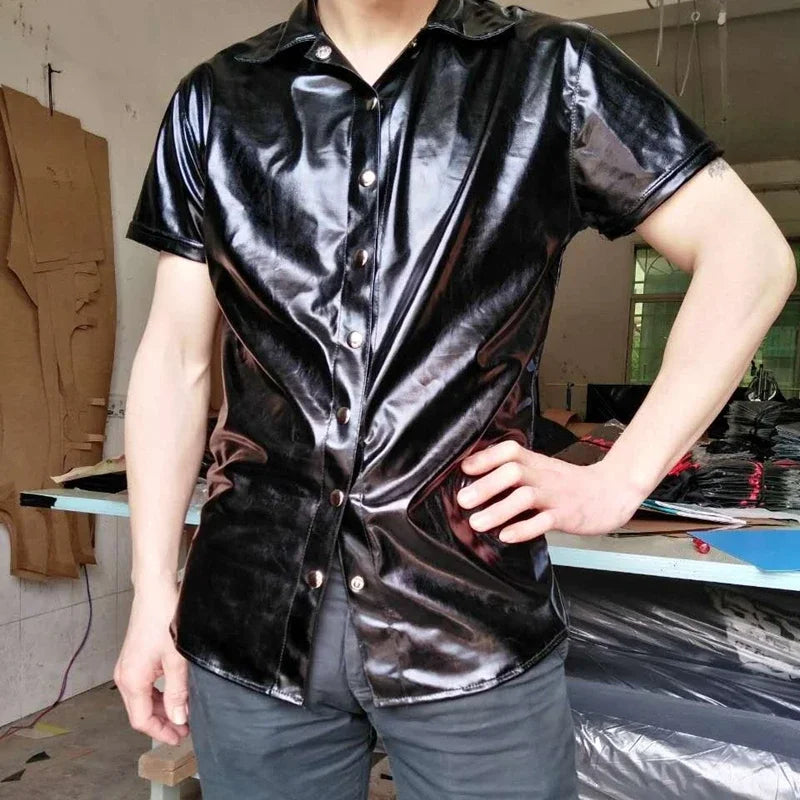 Men's Sexy Blouse Shirts Soft Faux Leather Man Fashion Uniform Blouse DS Night Clubwear Punk Uniform Corset Gay Male Clothing