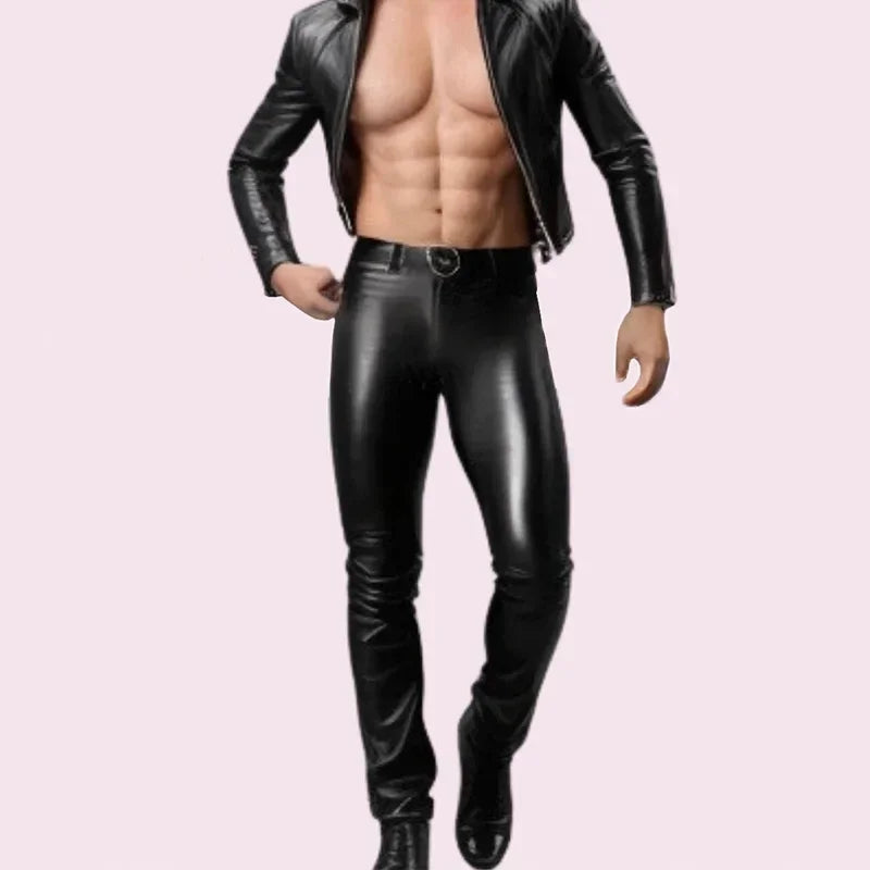 Men Classic Black Leather Pants Low Waist PU Stretch Bodycon Trousers with Pocket Man PVC Nightclub Costume Custom New Clubwear