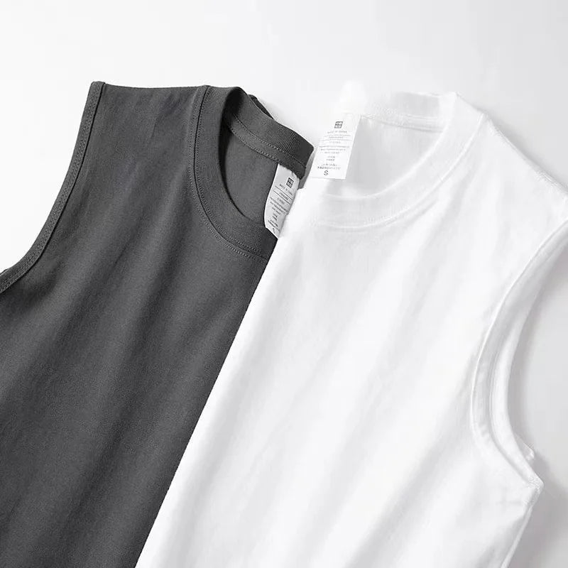 Summer 100% Cotton Men's Vest Casual Wide Shoulder O-Neck Sleeveless Tops Universal Solid Color Sports Fitness Loose Tank
