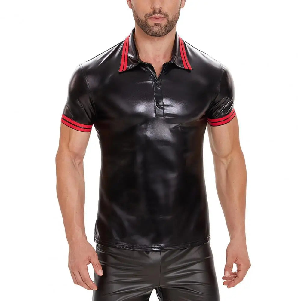 Mens Shiny Leather T-shirt Glossy Faux Leather Short Sleeve Tees Male Turn-down Neck Shaping Latex Casual Shirt Sexi
